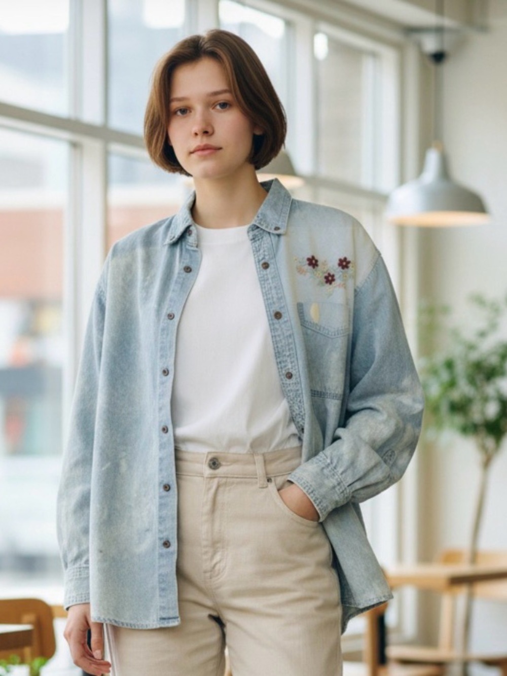 Aces Women's Large Bleached Denim Shirt Embroidered Floral Button Up Cotton Boho